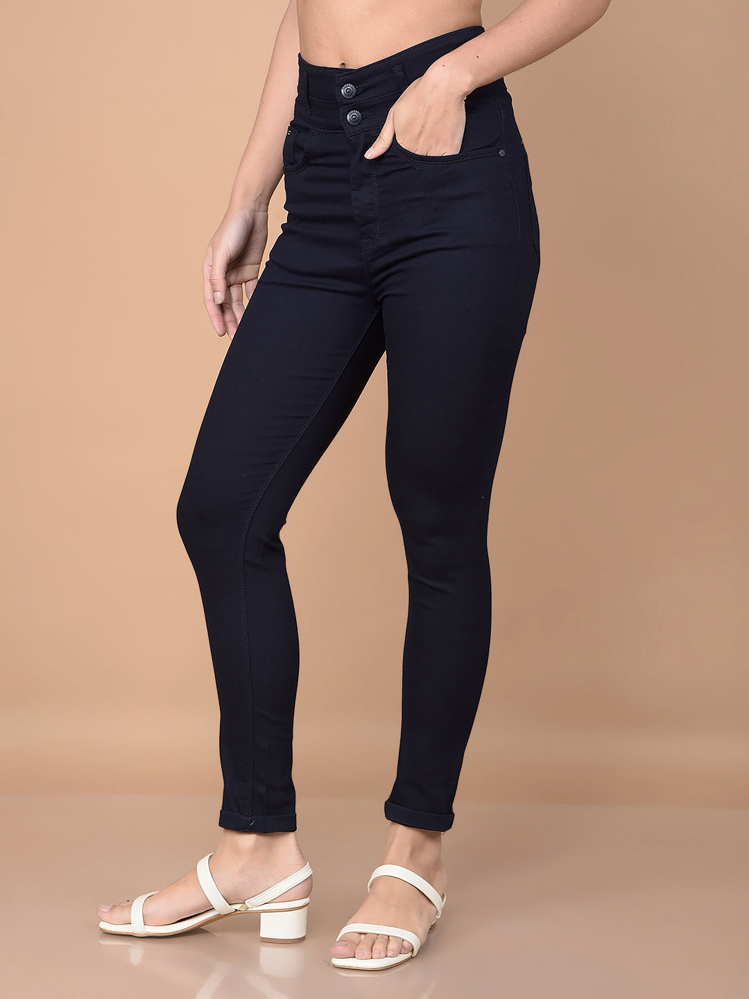 Navy Blue Skinny High-Waist Jeans-Women Jeans-Crimsoune Club