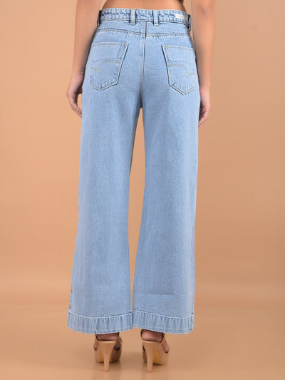Light Blue Wide Leg Jeans-Women Jeans-Crimsoune Club