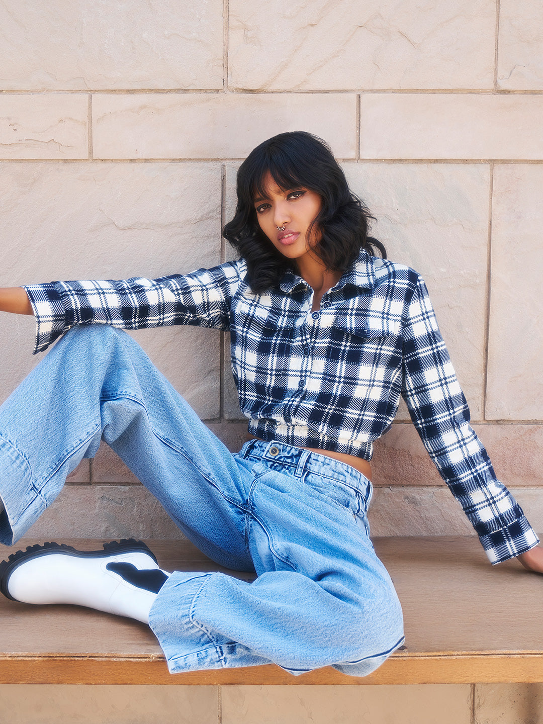 Navy Blue Crop Length Shirt-Women Shirts-Crimsoune Club