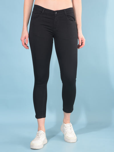 Black Skinny Cotton Crop Length Jeans-Women Jeans-Crimsoune Club