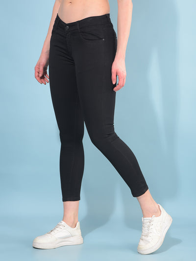 Black Skinny Cotton Crop Length Jeans-Women Jeans-Crimsoune Club