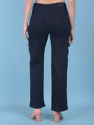 Navy Blue Cargo Wide-Leg Jeans-Women Jeans-Crimsoune Club