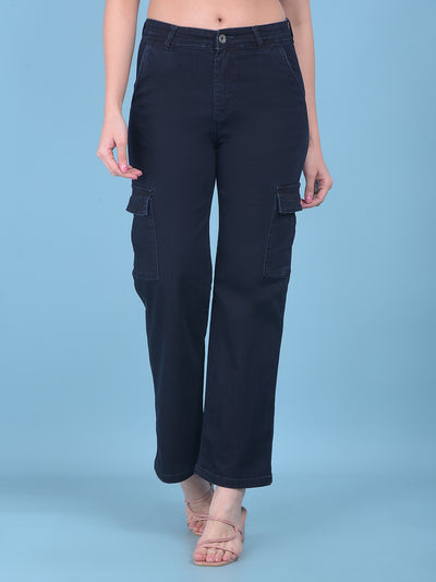 Navy Blue Cargo Wide-Leg Jeans-Women Jeans-Crimsoune Club