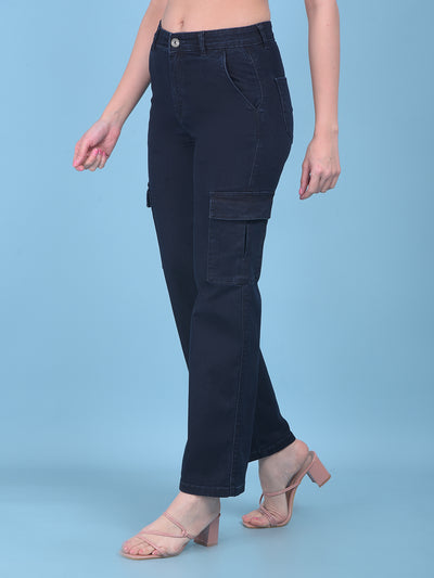 Navy Blue Cargo Wide-Leg Jeans-Women Jeans-Crimsoune Club