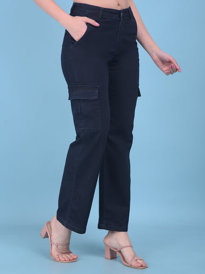 Navy Blue Cargo Wide-Leg Jeans-Women Jeans-Crimsoune Club