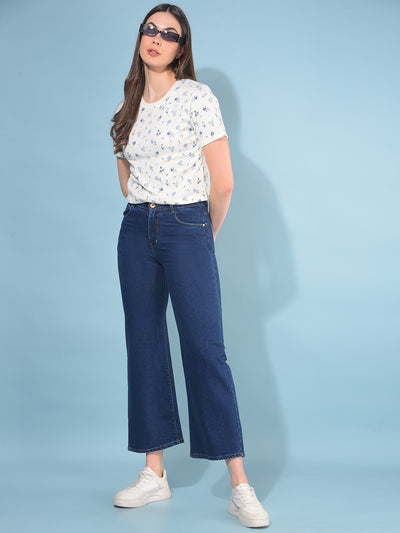 Blue Wide Leg Cotton Jeans-Women Jeans-Crimsoune Club