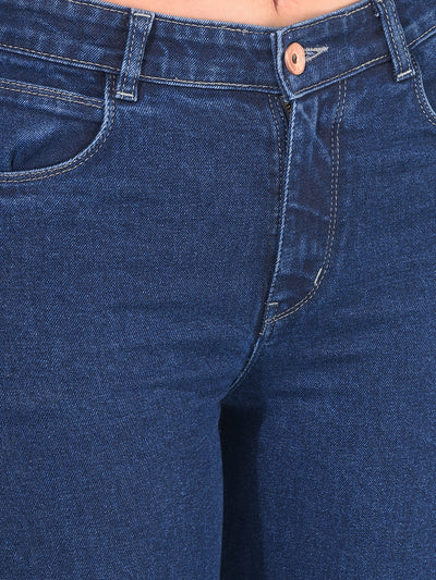 Blue Wide Leg Cotton Jeans-Women Jeans-Crimsoune Club