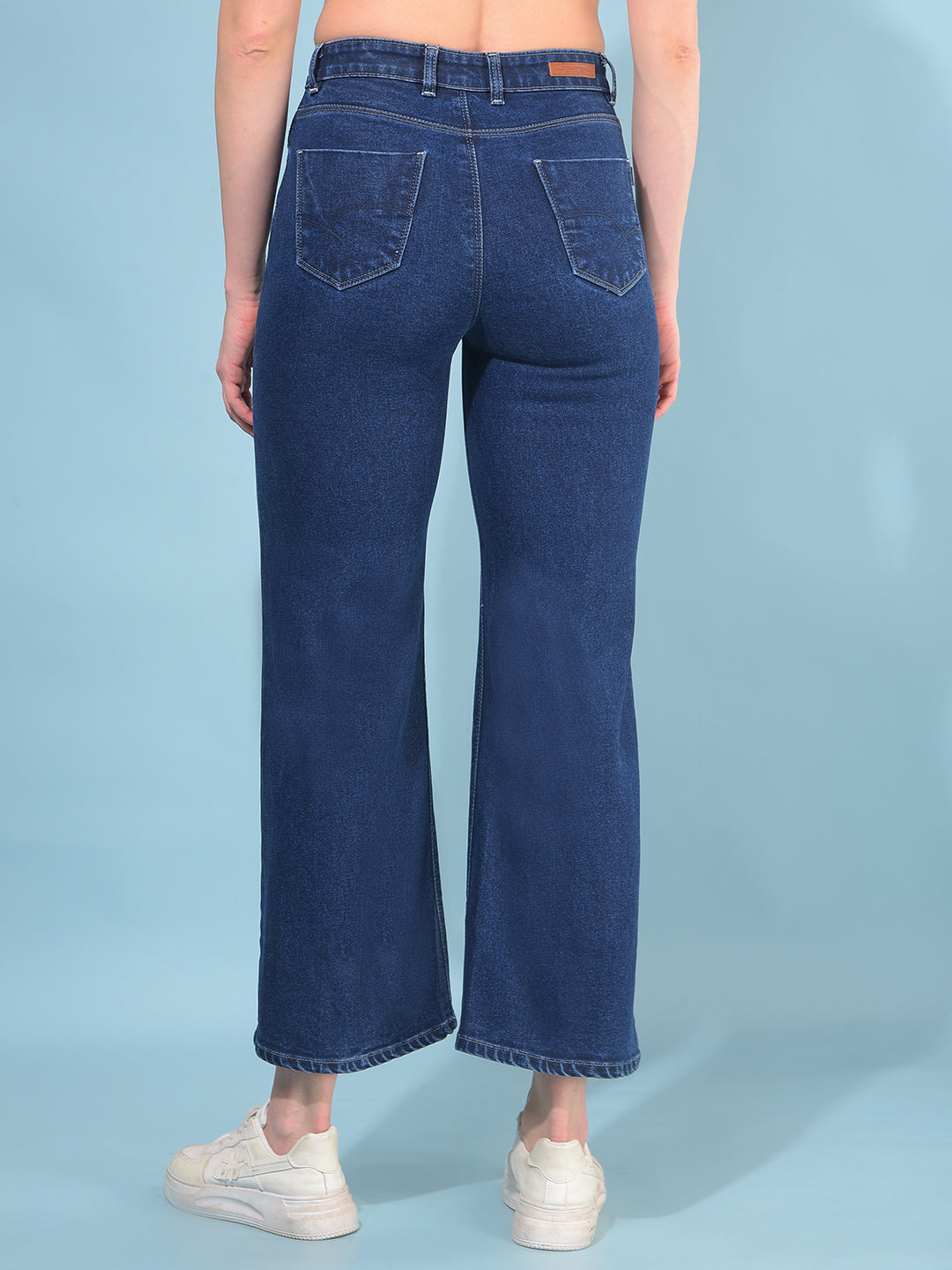 Blue Wide Leg Cotton Jeans-Women Jeans-Crimsoune Club