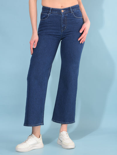 Blue Wide Leg Cotton Jeans-Women Jeans-Crimsoune Club