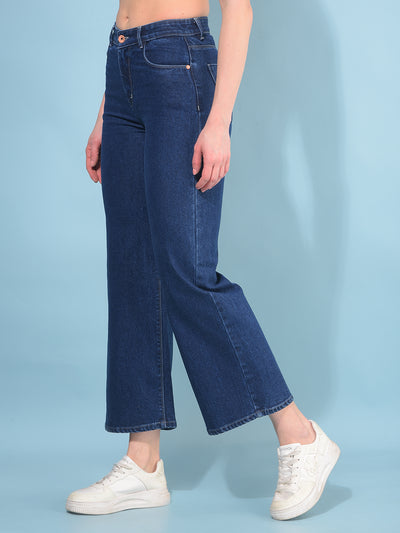 Blue Wide Leg Cotton Jeans-Women Jeans-Crimsoune Club