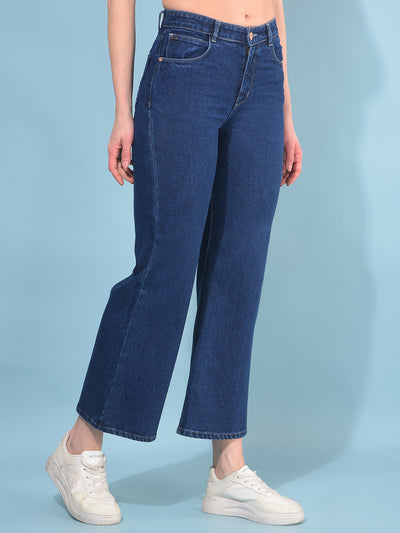 Blue Wide Leg Cotton Jeans-Women Jeans-Crimsoune Club