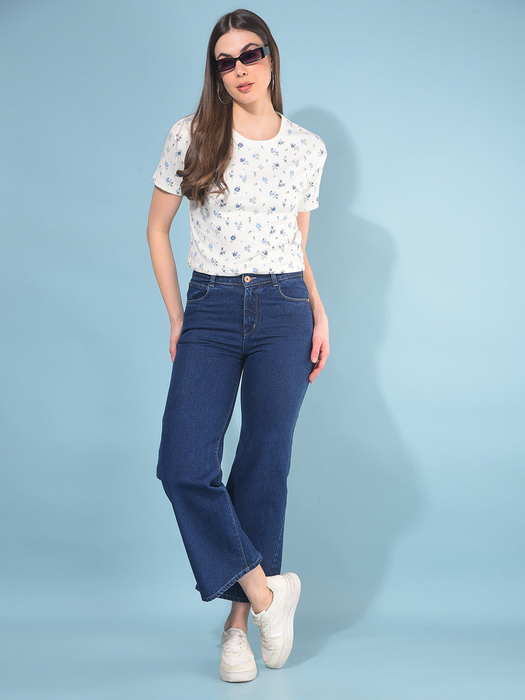 Blue Wide Leg Cotton Jeans-Women Jeans-Crimsoune Club