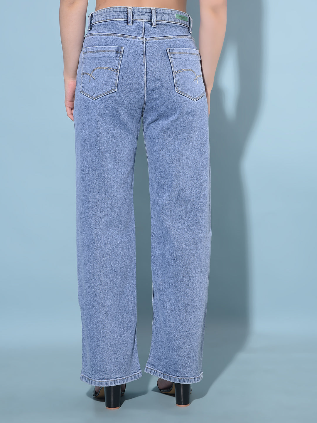 Blue Wide Leg Cotton Jeans-Women Jeans-Crimsoune Club