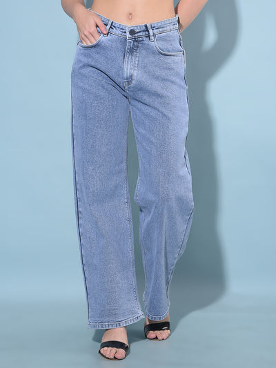 Blue Wide Leg Cotton Jeans-Women Jeans-Crimsoune Club