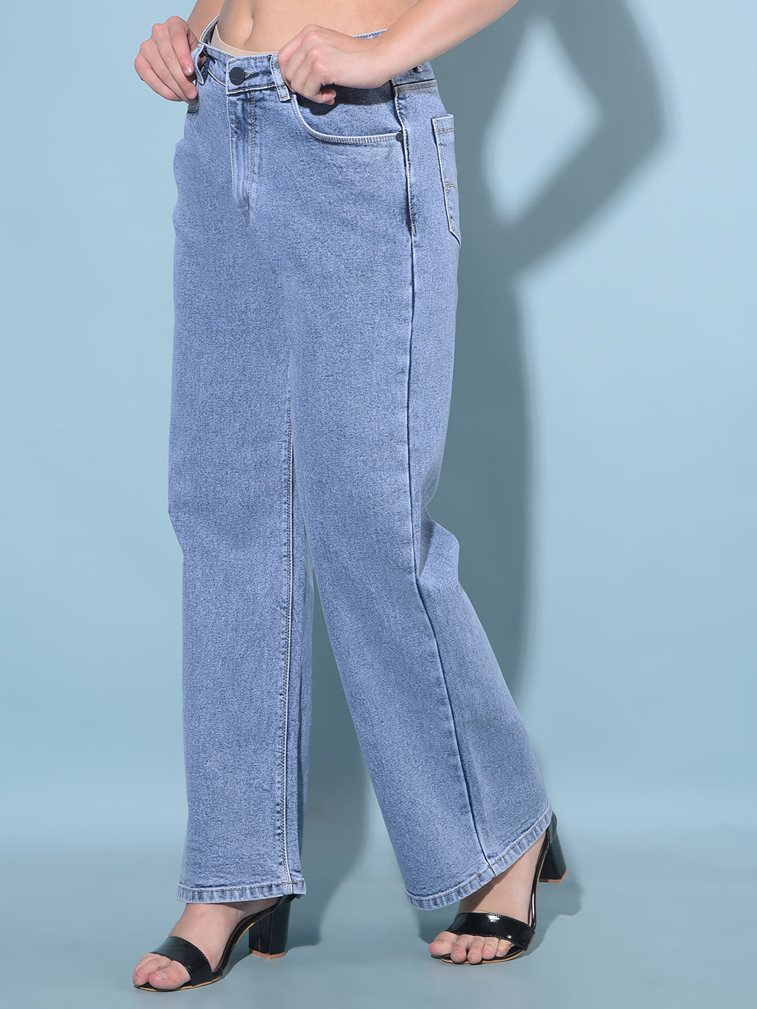 Blue Wide Leg Cotton Jeans-Women Jeans-Crimsoune Club