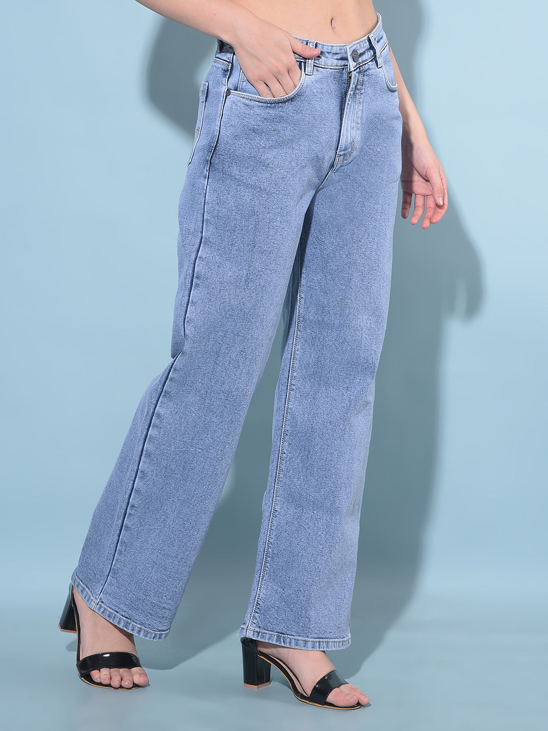 Blue Wide Leg Cotton Jeans-Women Jeans-Crimsoune Club