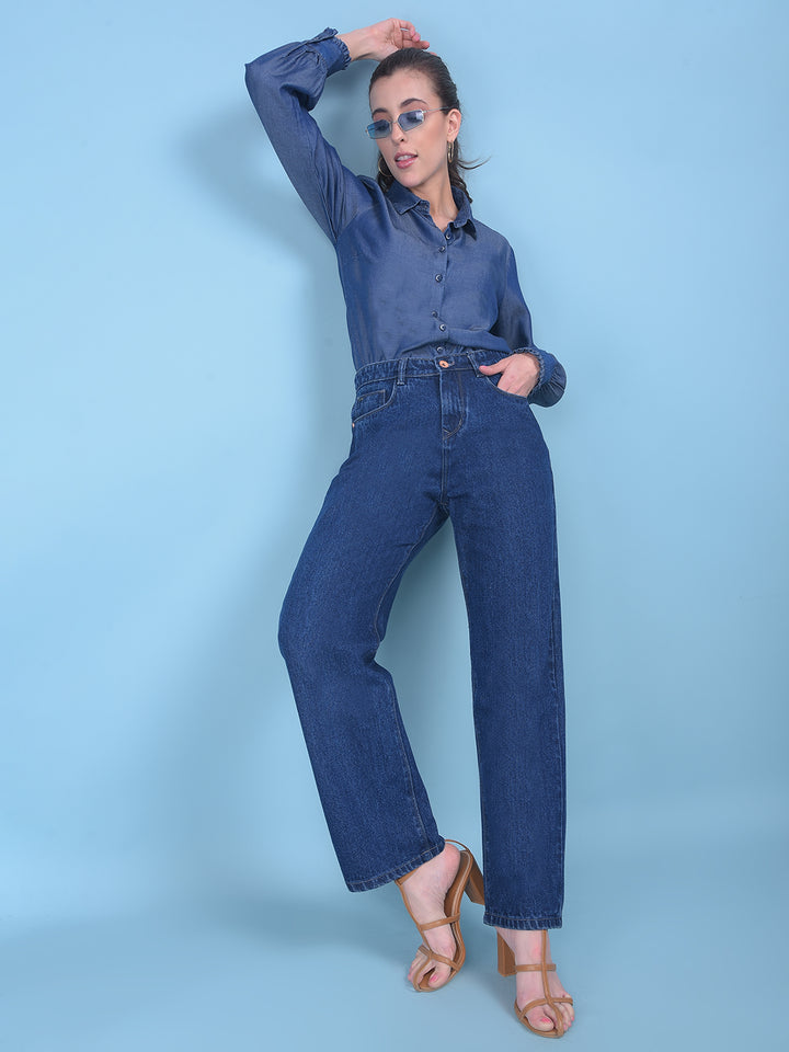 Blue Wide Leg Jeans-Women Jeans-Crimsoune Club