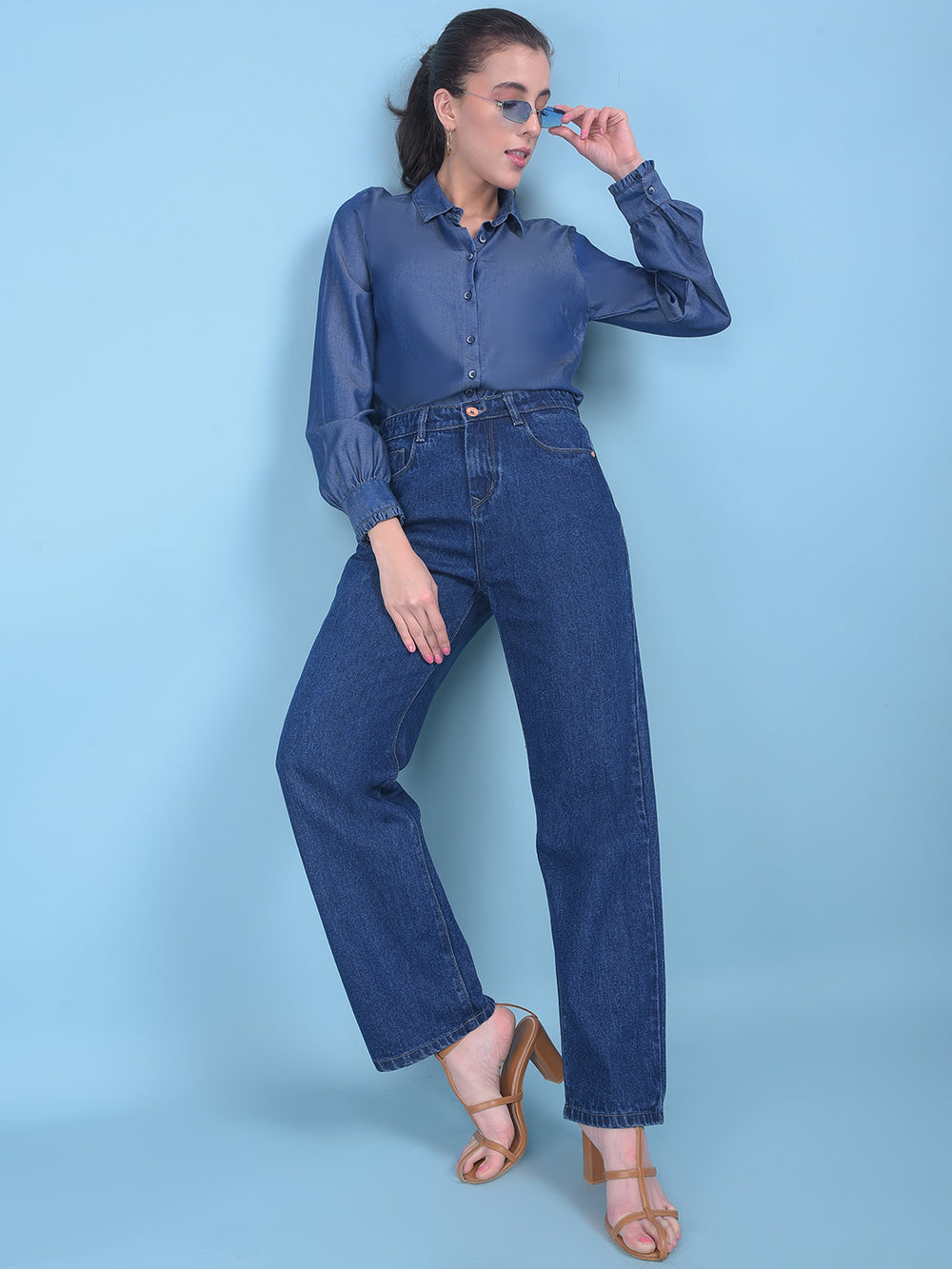 Blue Wide Leg Jeans-Women Jeans-Crimsoune Club
