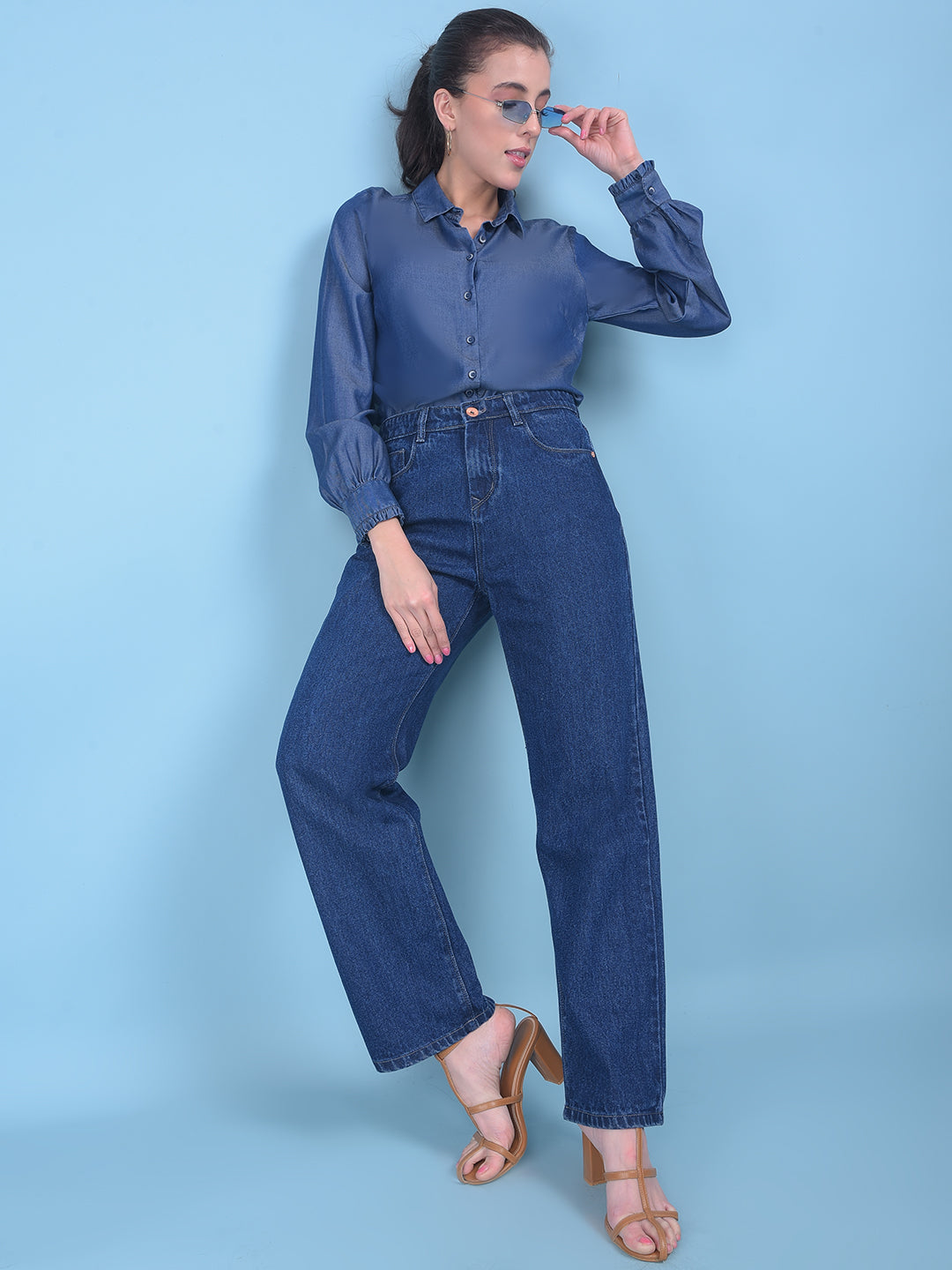 Blue Wide Leg Jeans-Women Jeans-Crimsoune Club