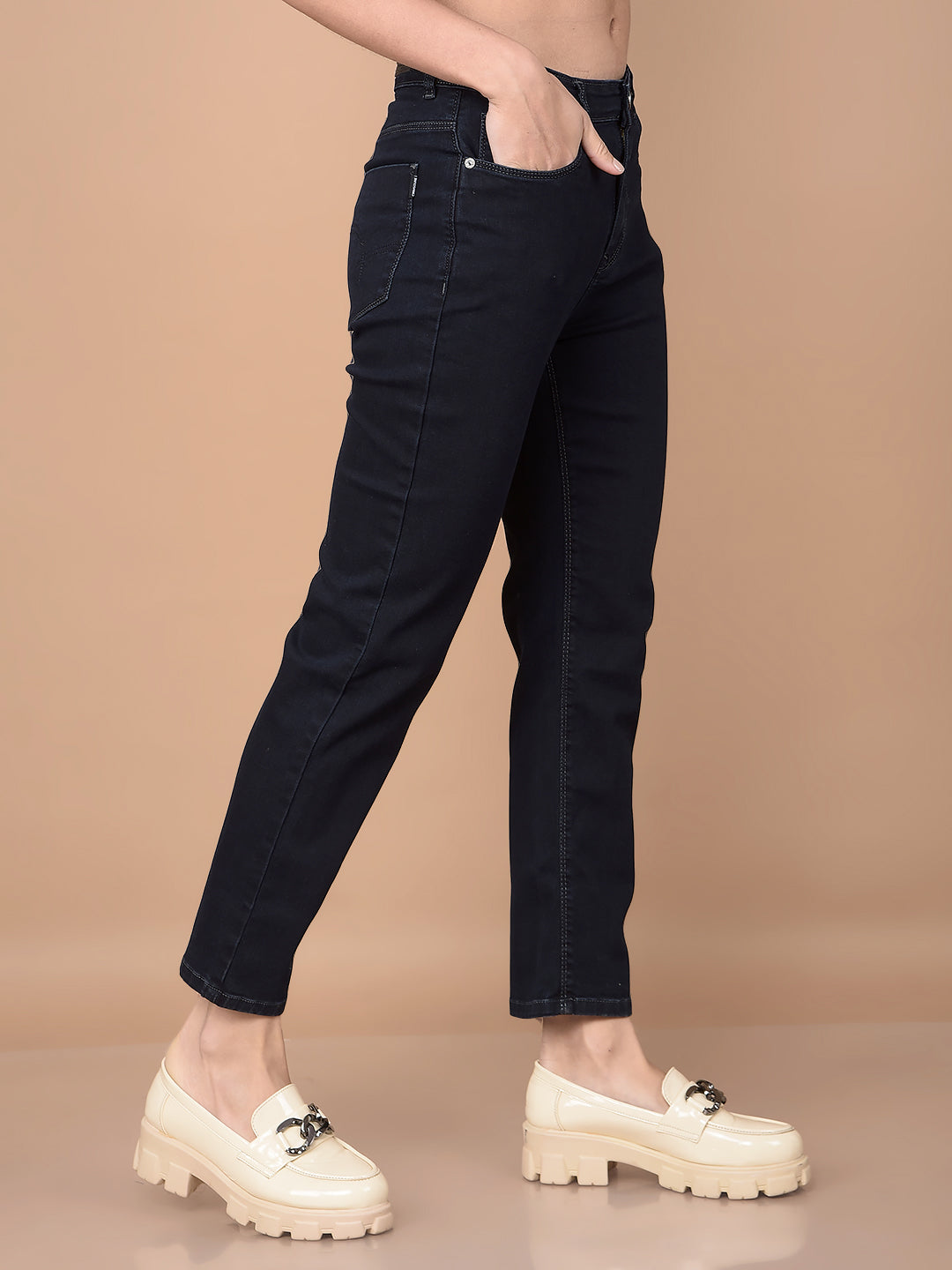 Navy Blue Straight Jeans-Women Jeans-Crimsoune Club