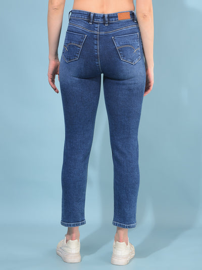 Blue Straight Cotton Jeans-Women Jeans-Crimsoune Club