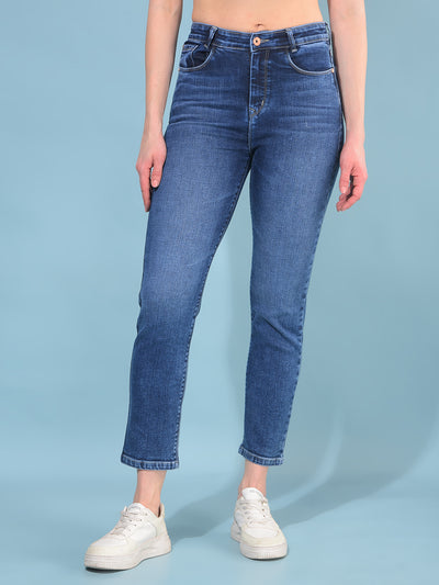Blue Straight Cotton Jeans-Women Jeans-Crimsoune Club