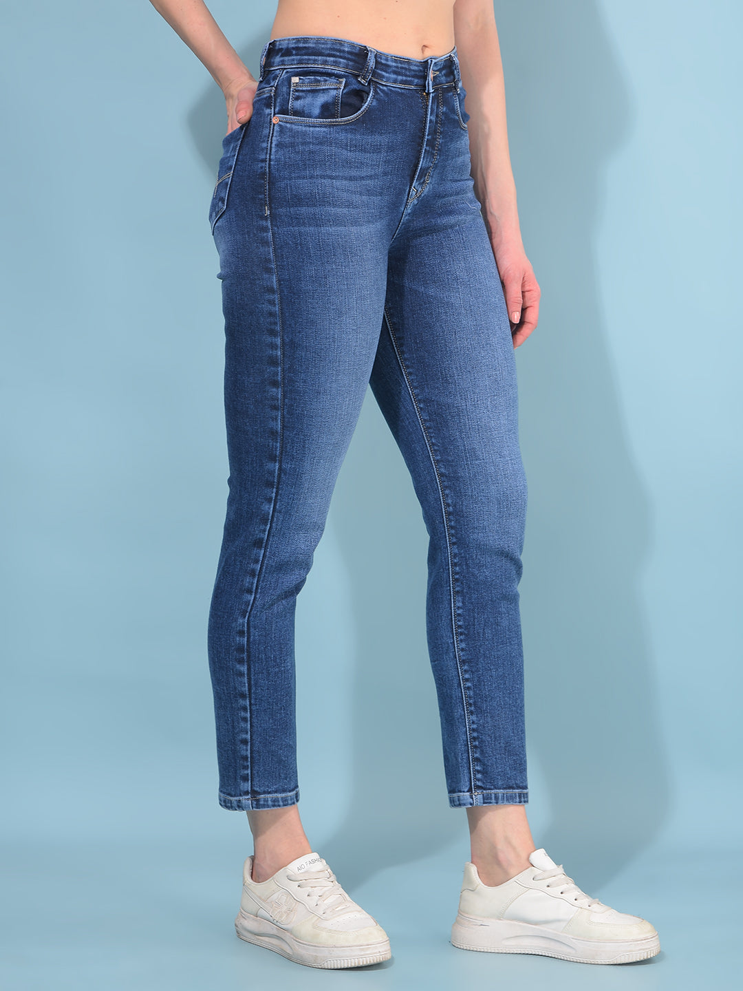 Blue Straight Cotton Jeans-Women Jeans-Crimsoune Club