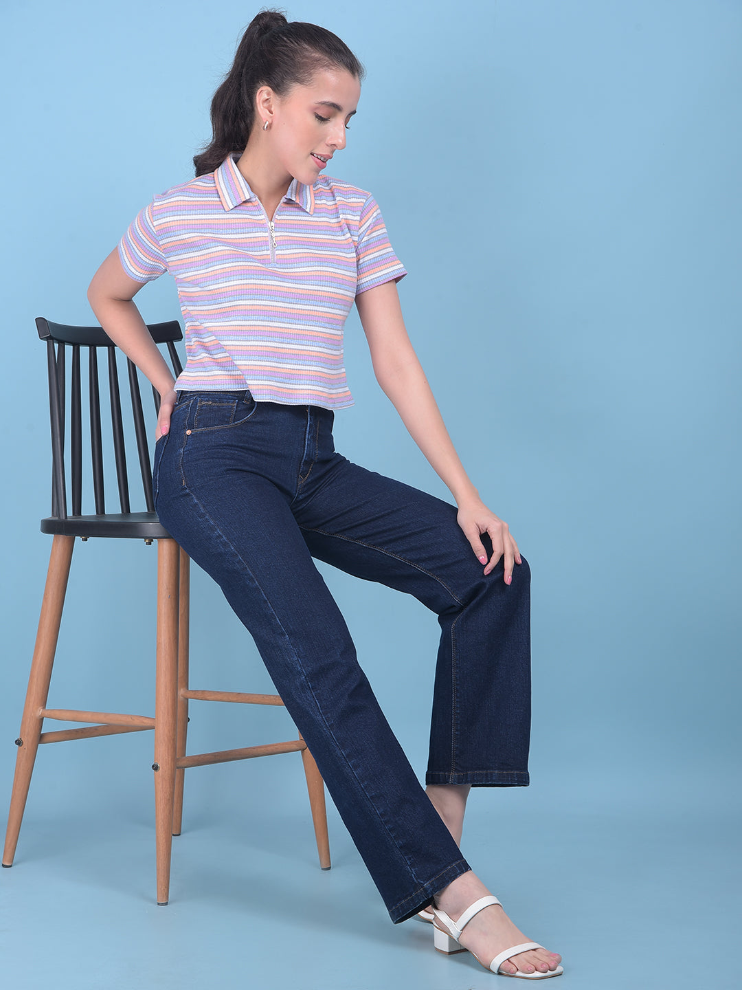 Blue Wide-Leg Jeans-Women Jeans-Crimsoune Club