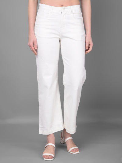 White Wide Leg Jeans-Women Jeans-Crimsoune Club