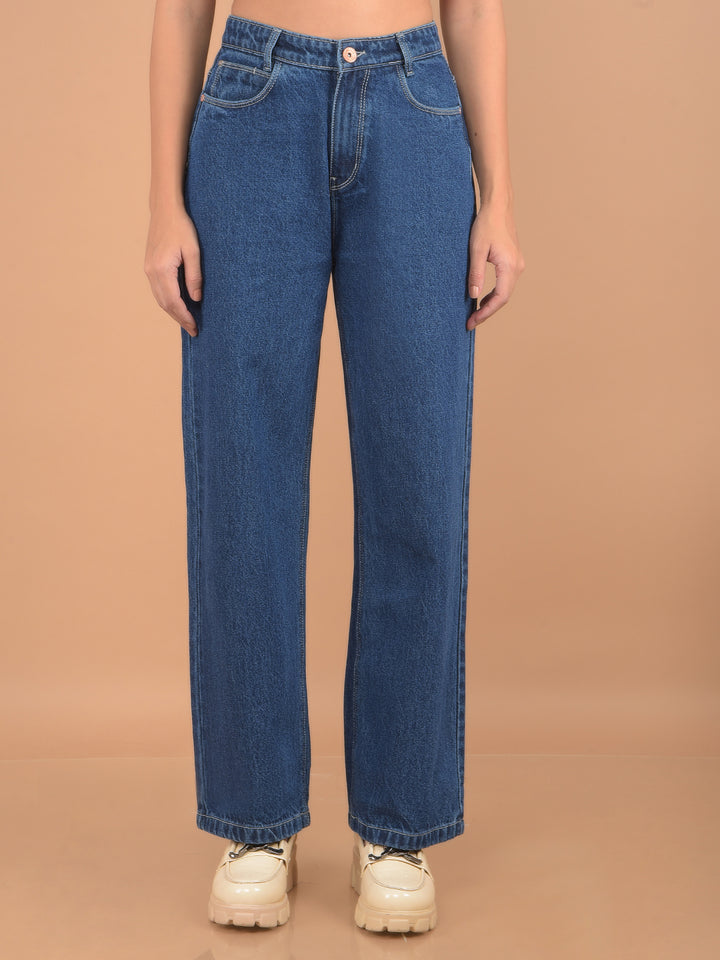 Blue Straight 100% Cotton Jeans-Women Jeans-Crimsoune Club