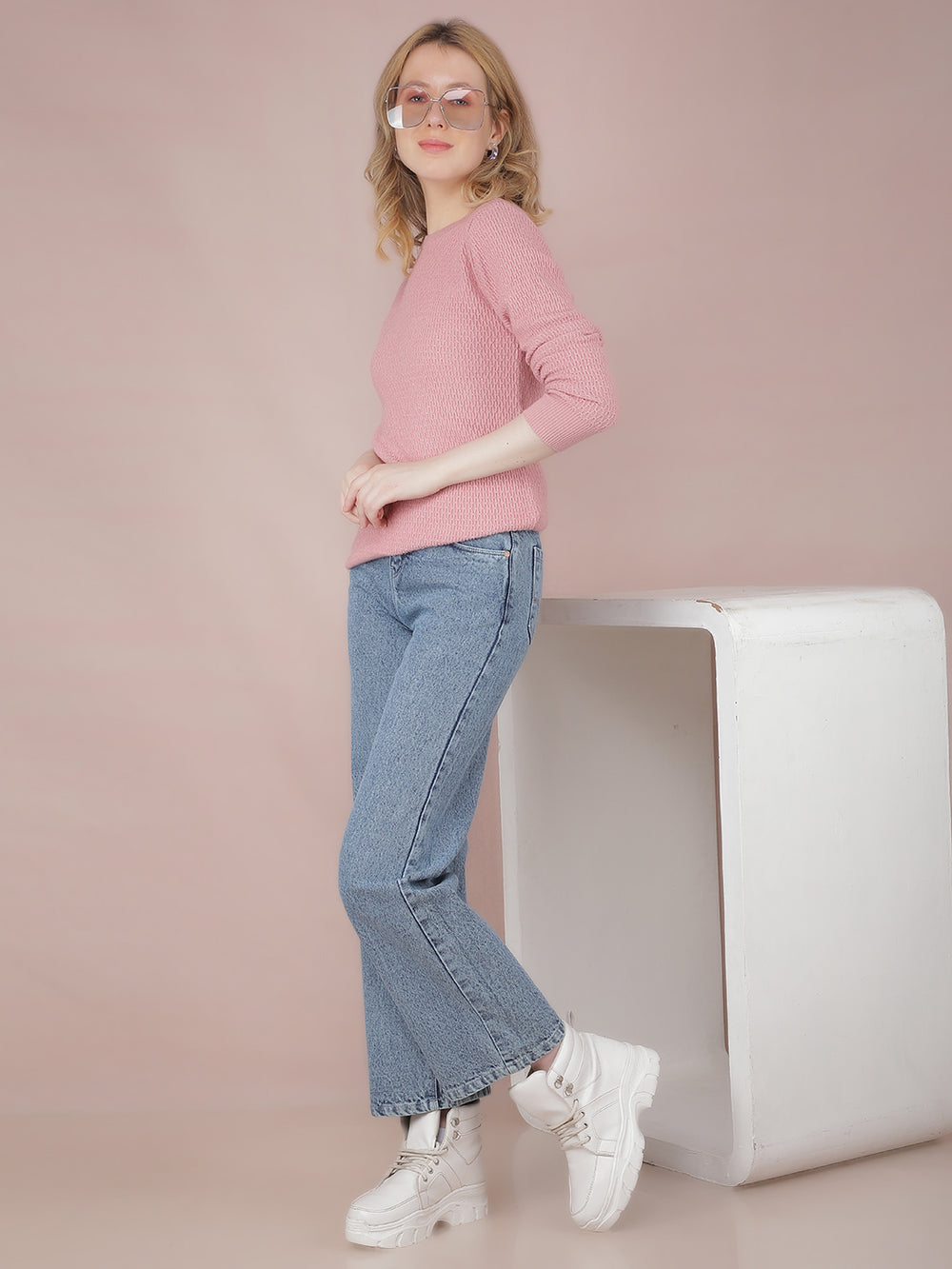 Blue Wide Leg 100% Cotton Jeans-Women Jeans-Crimsoune Club