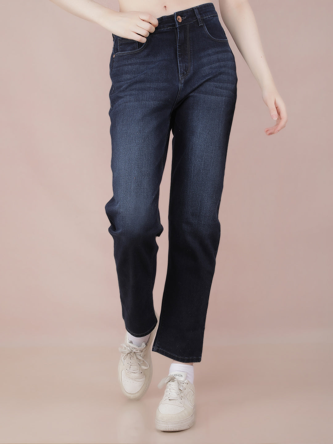 Navy Blue Straight Jeans-Women Jeans-Crimsoune Club