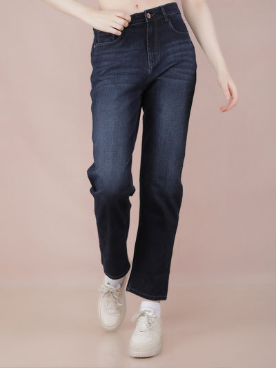 Navy Blue Straight Jeans-Women Jeans-Crimsoune Club