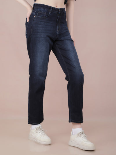 Navy Blue Straight Jeans-Women Jeans-Crimsoune Club