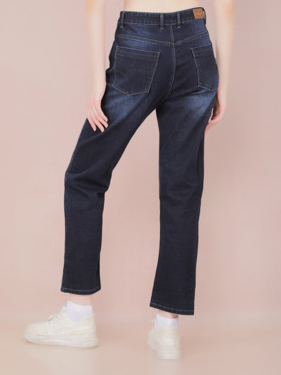 Navy Blue Straight Jeans-Women Jeans-Crimsoune Club