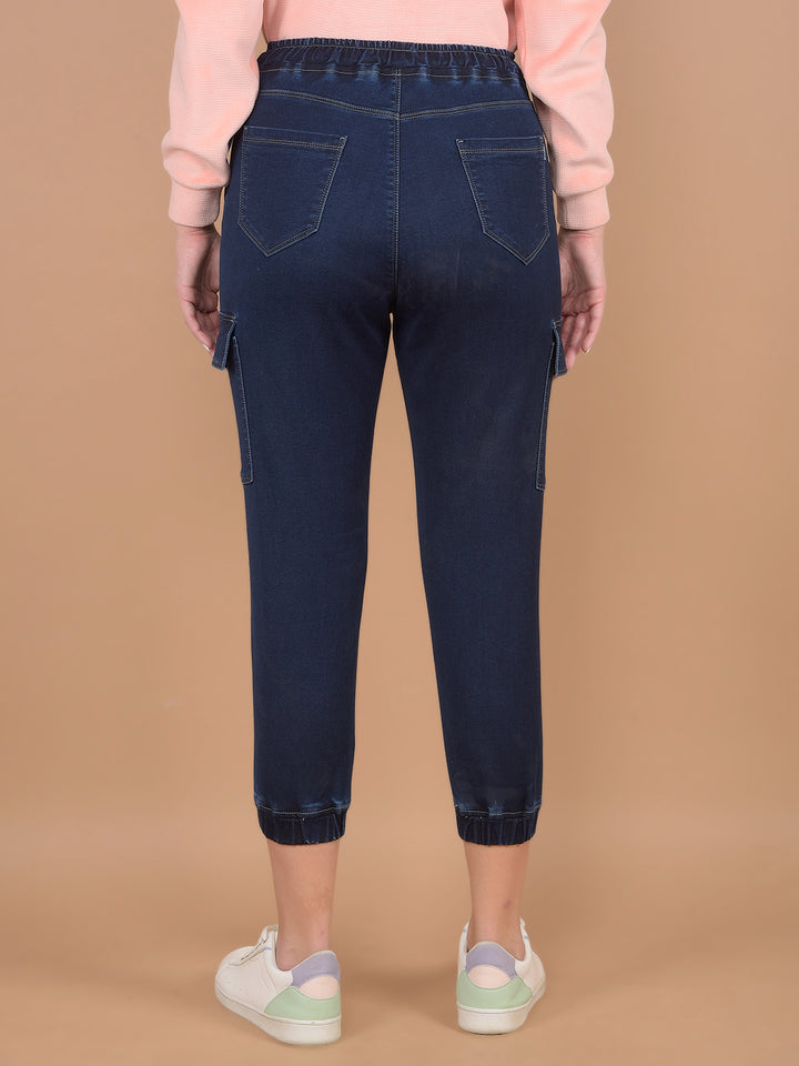 Navy Blue Crop Length Cargo Joggers-Women Jeans-Crimsoune Club