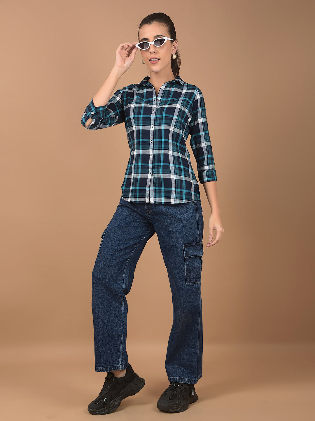 Blue Relaxed Fit Cargo Jeans-Women Jeans-Crimsoune Club