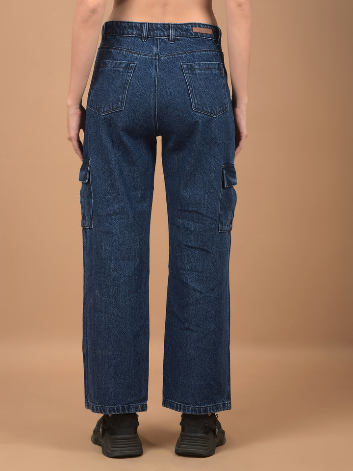 Blue Relaxed Fit Cargo Jeans-Women Jeans-Crimsoune Club