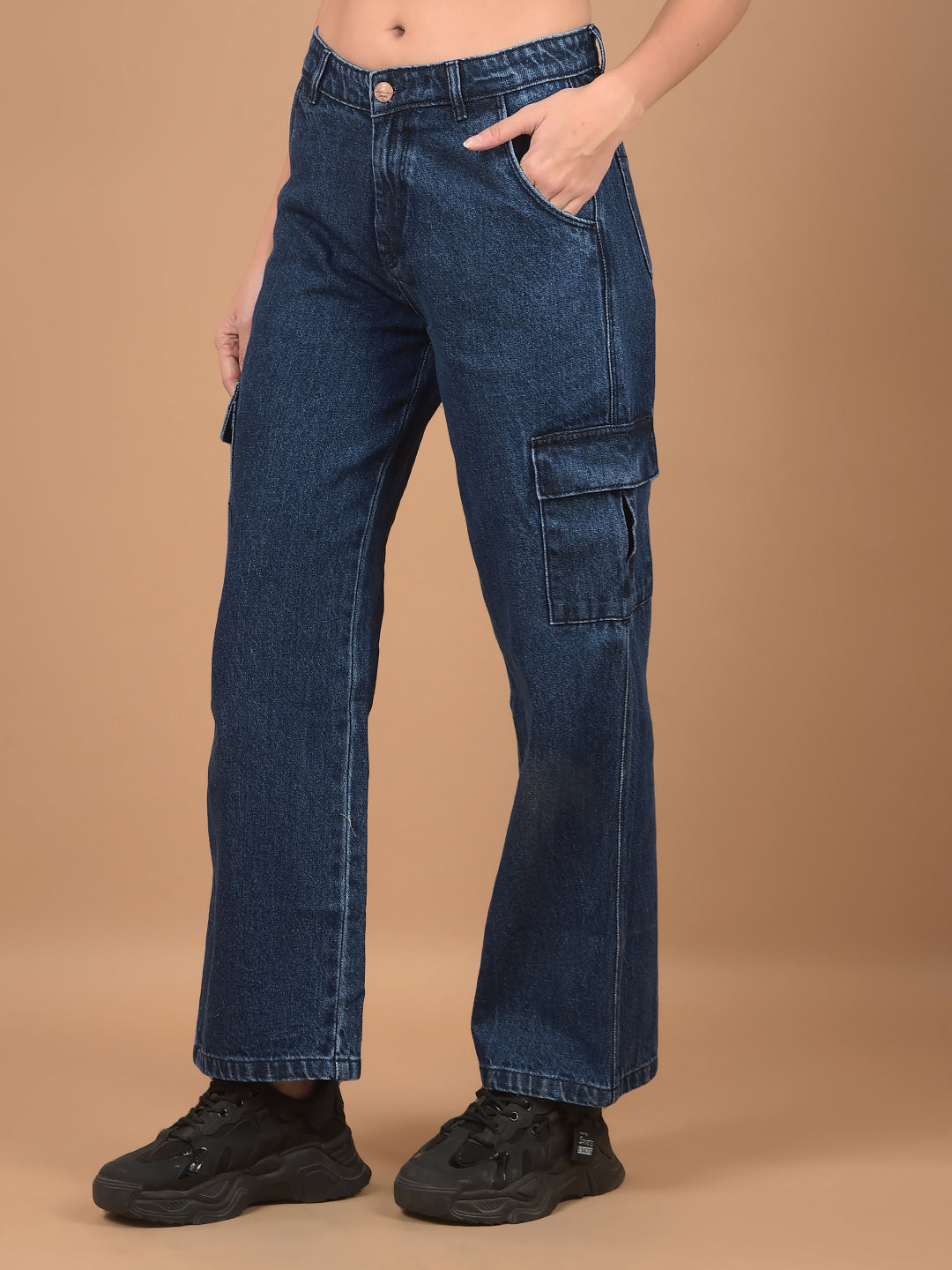 Blue Relaxed Fit Cargo Jeans-Women Jeans-Crimsoune Club
