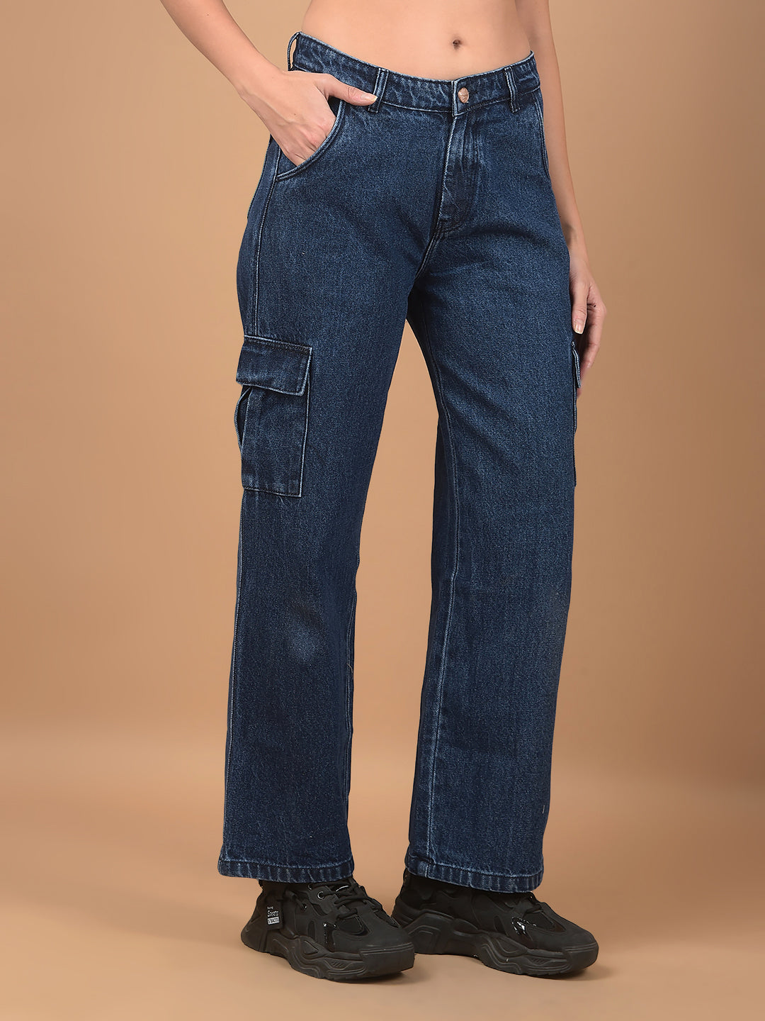 Blue Relaxed Fit Cargo Jeans-Women Jeans-Crimsoune Club