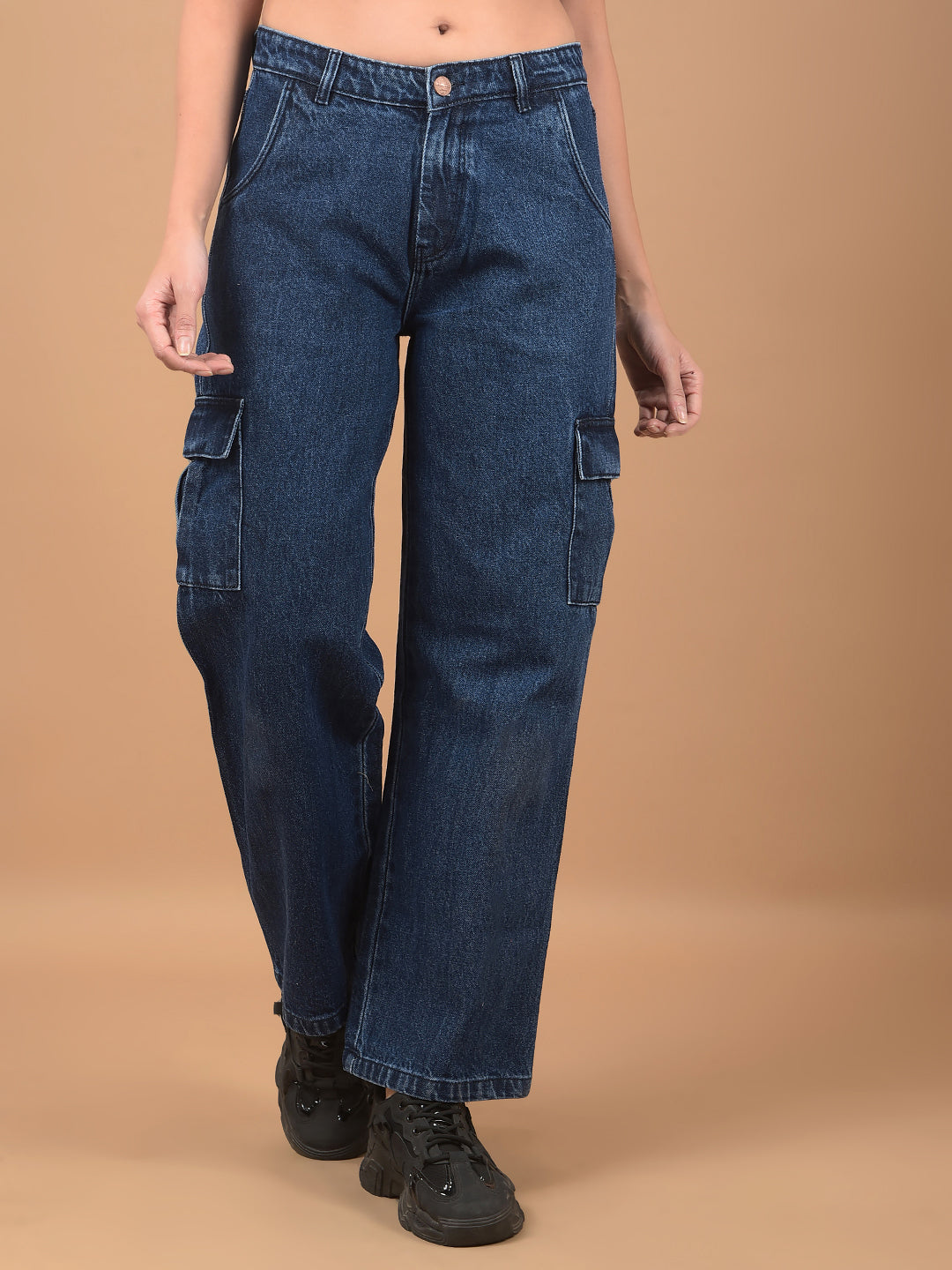 Blue Relaxed Fit Cargo Jeans-Women Jeans-Crimsoune Club