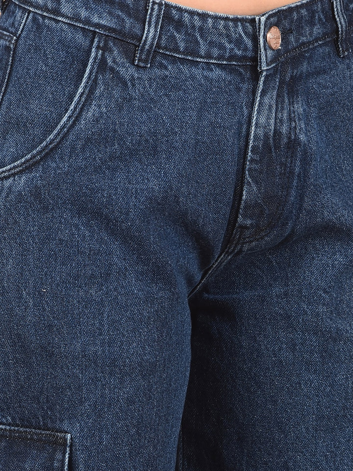 Blue Relaxed Fit Cargo Jeans-Women Jeans-Crimsoune Club