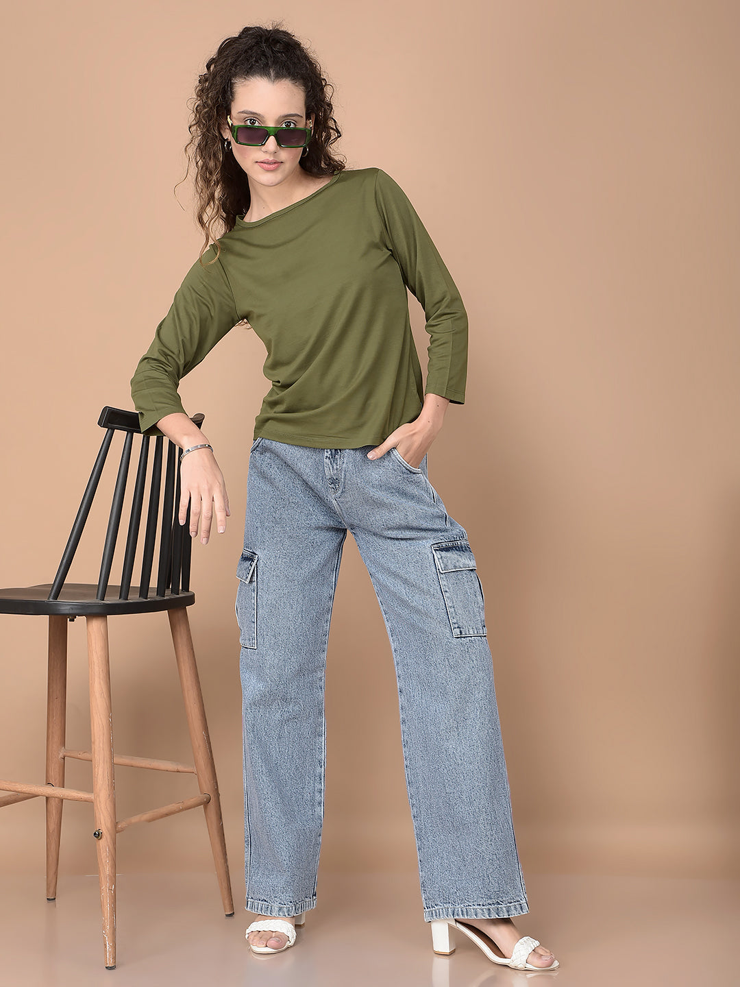 Blue Loose Fit Cargo Jeans-Women Jeans-Crimsoune Club