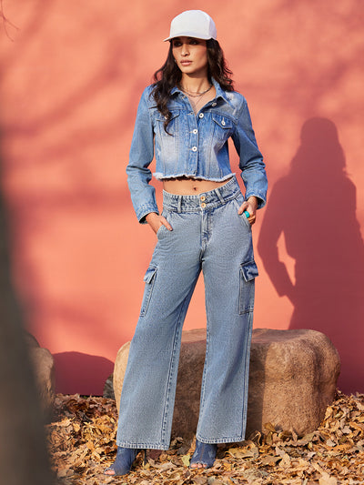 Blue Loose Fit Cargo Jeans-Women Jeans-Crimsoune Club