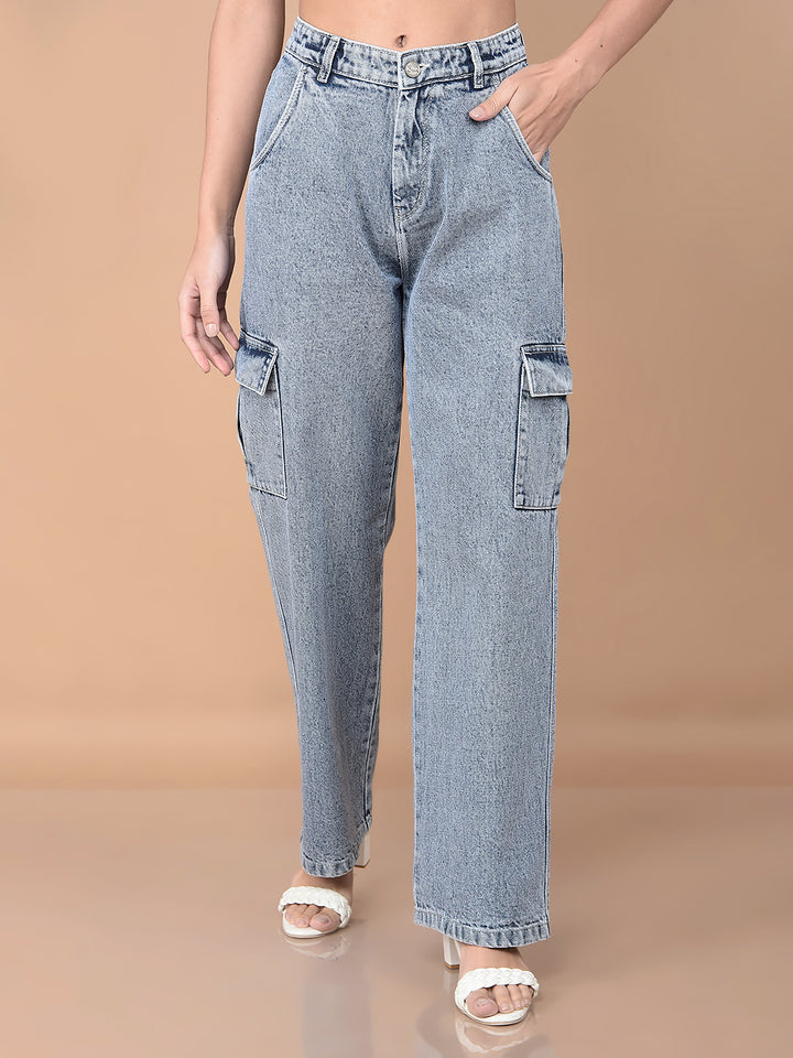 Blue Loose Fit Cargo Jeans-Women Jeans-Crimsoune Club