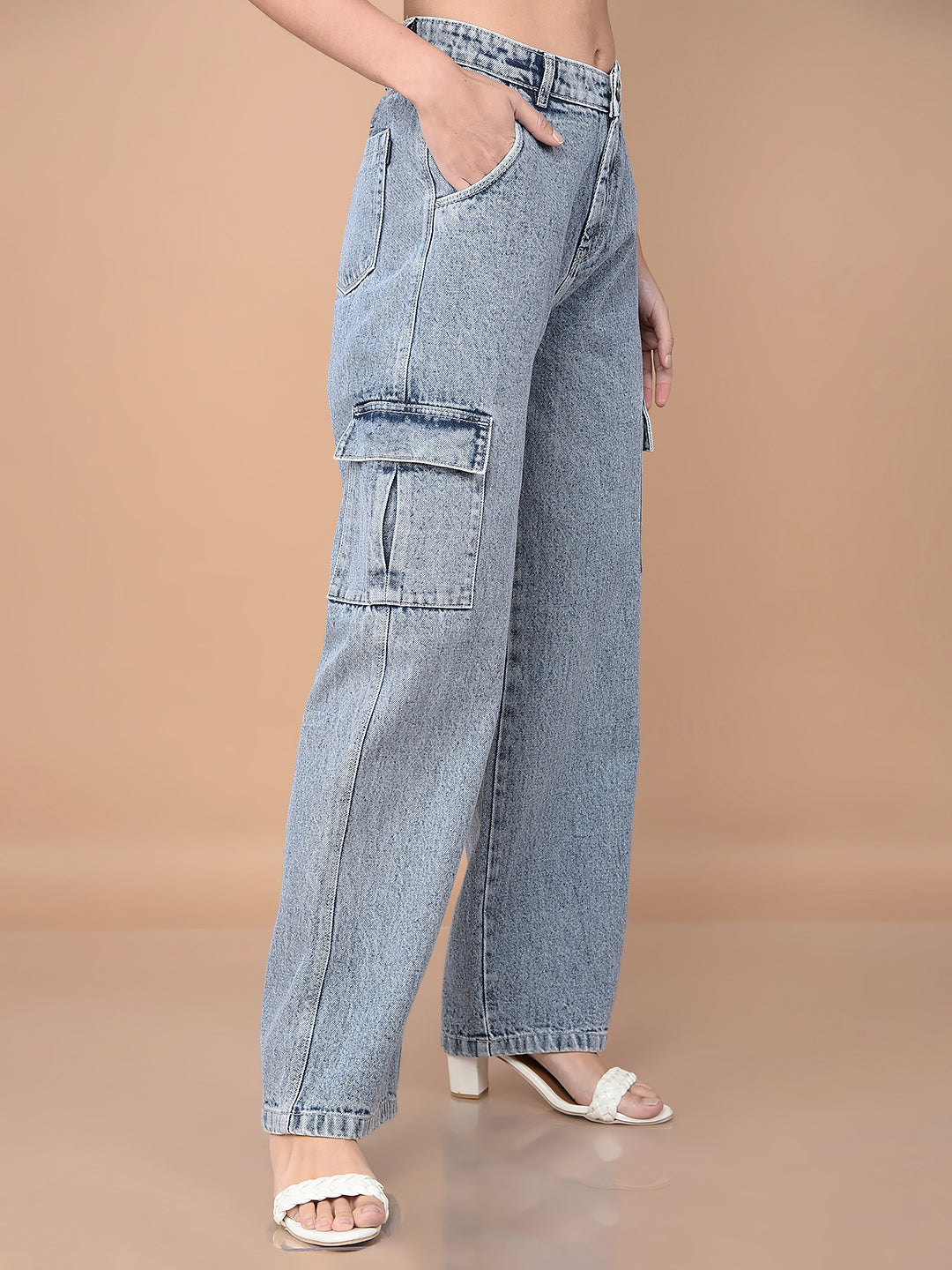Blue Loose Fit Cargo Jeans-Women Jeans-Crimsoune Club