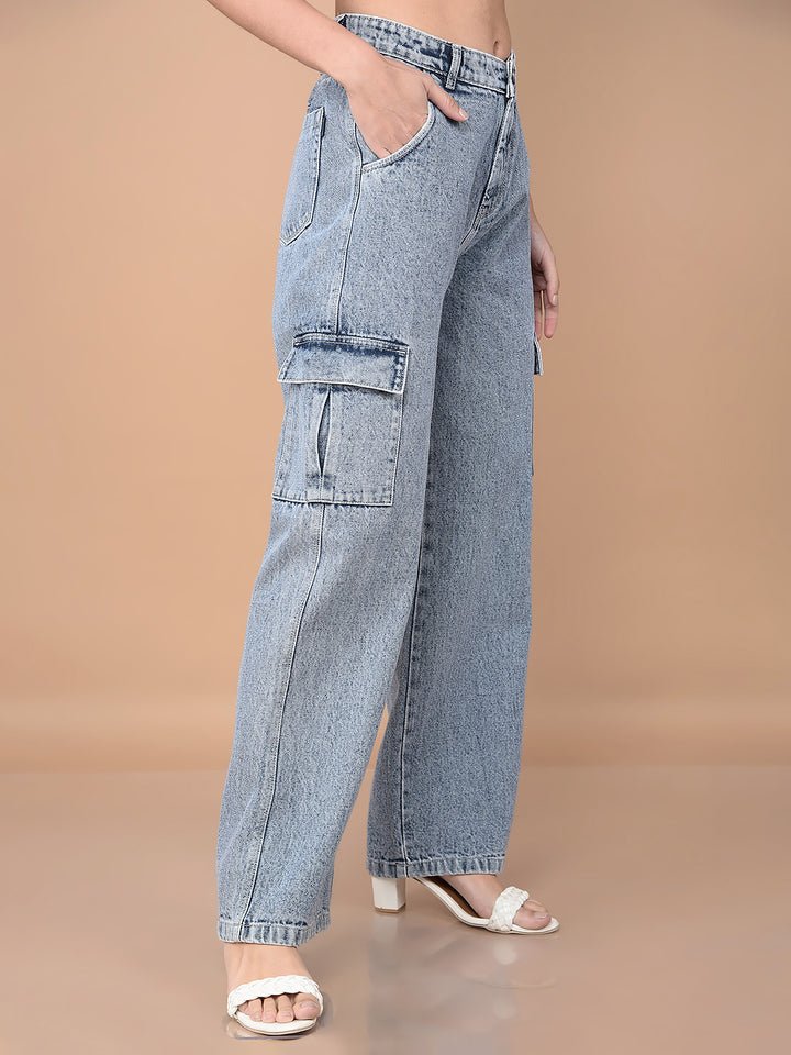 Blue Loose Fit Cargo Jeans-Women Jeans-Crimsoune Club