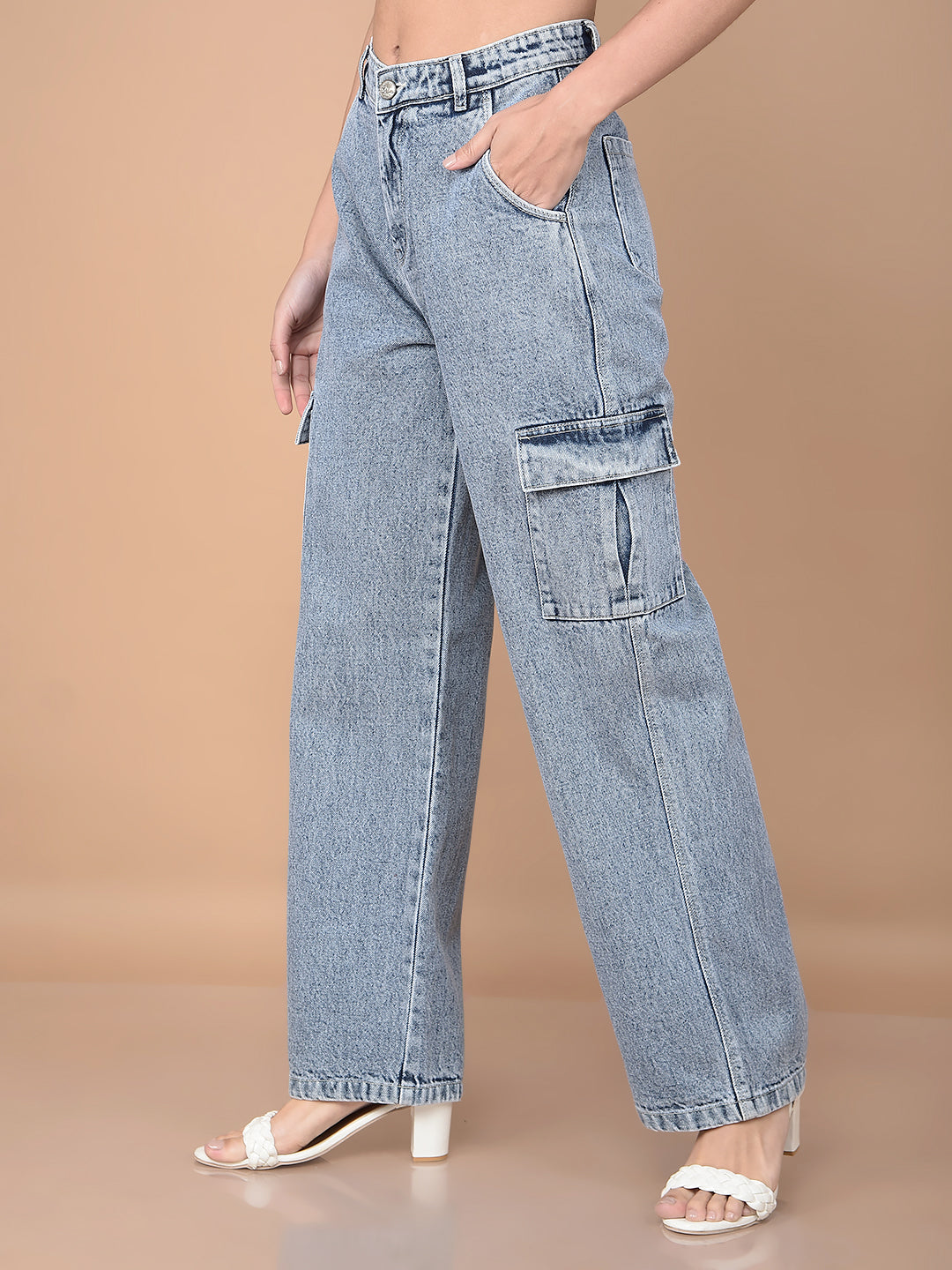 Blue Loose Fit Cargo Jeans-Women Jeans-Crimsoune Club
