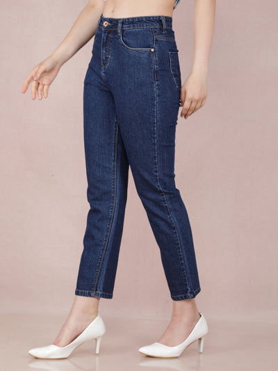 Navy Blue Straight Jeans-Women Jeans-Crimsoune Club