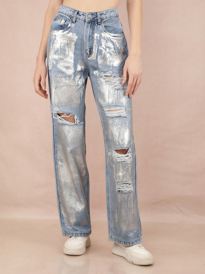 Blue Wide Leg 100% Cotton Jeans-Women Jeans-Crimsoune Club